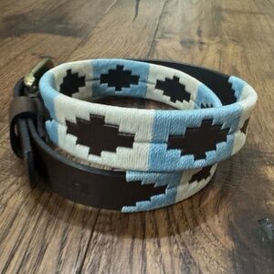 Zilker Kids White Blue Aztec Stitch Weave Leather Austin Western Belt L XL 33”